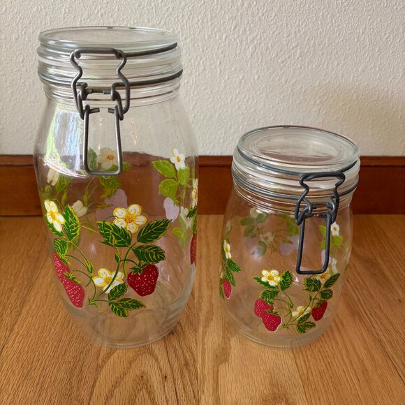 VTG ARC France Strawberry Blossom Glass Jar Metal Clasp NEW Rubber Seal 1 Liter - Picture 6 of 6